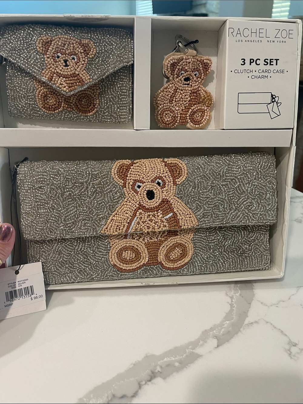 Rachel Zoe Silver Beaded Teddy Bear 3-Piece Clutch Set